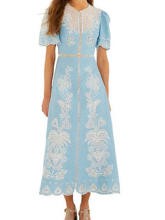 FARM Rio Dresses & Skirts - Blue Embroidered Midi Dress with White Lace Detail